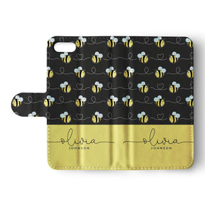 Personalised Wallet Flip Case Black Yellow Bees