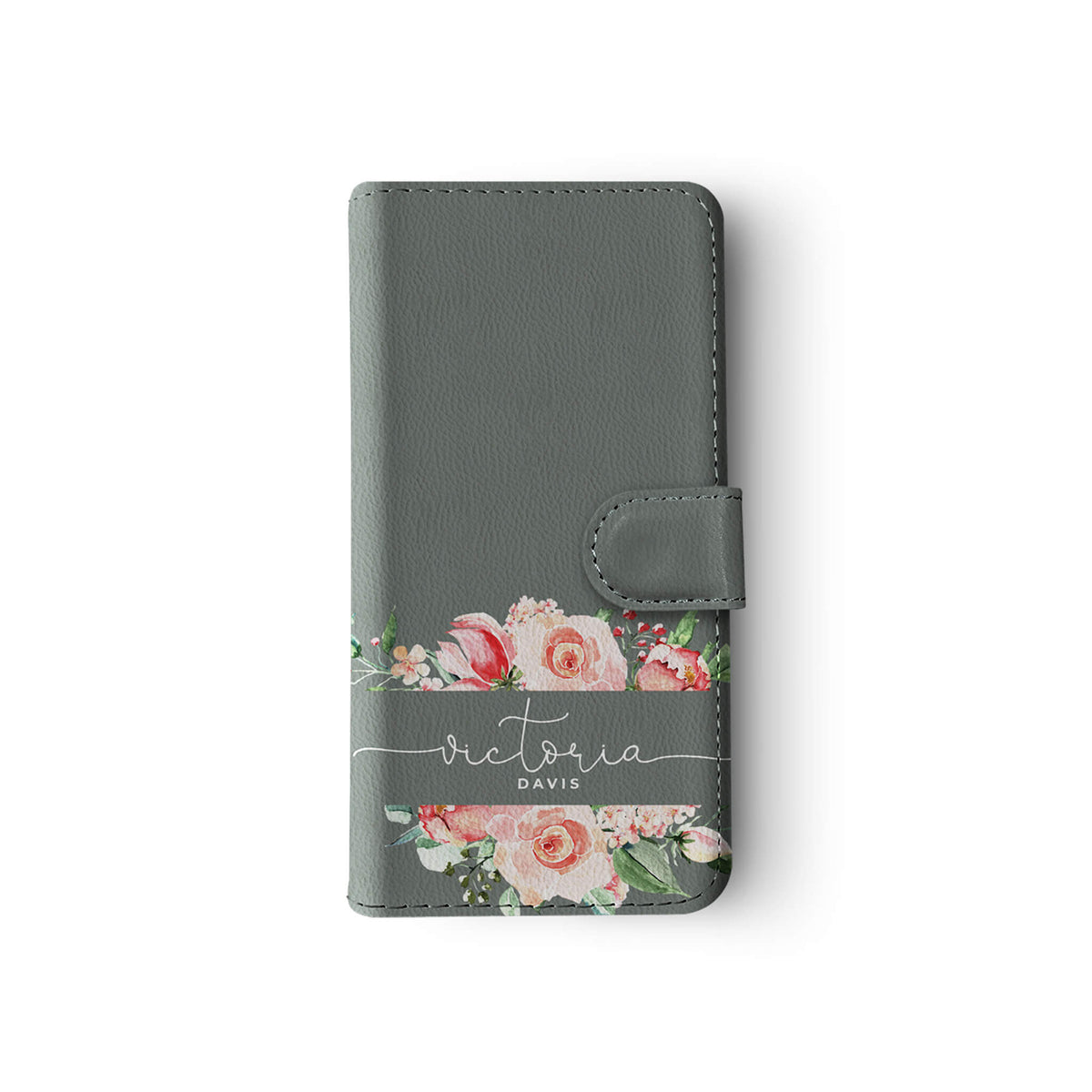 Personalised Wallet Flip Case Grey Floral Rose Bloom
