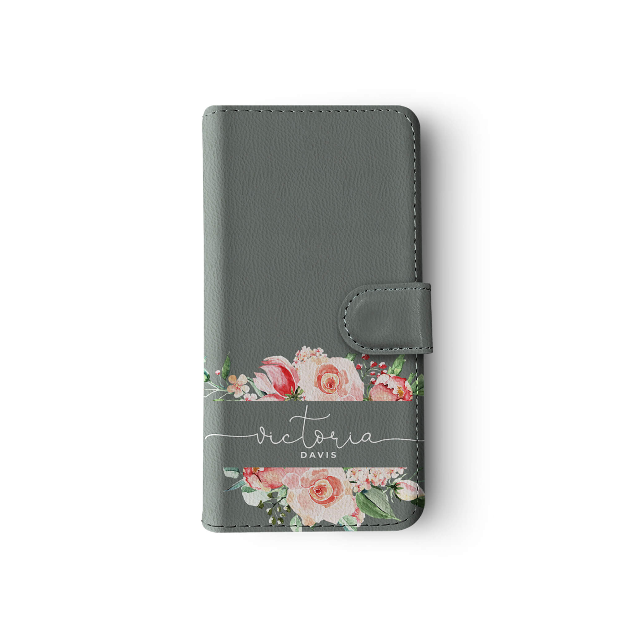 Personalised Wallet Flip Case Light Grey Floral Roses