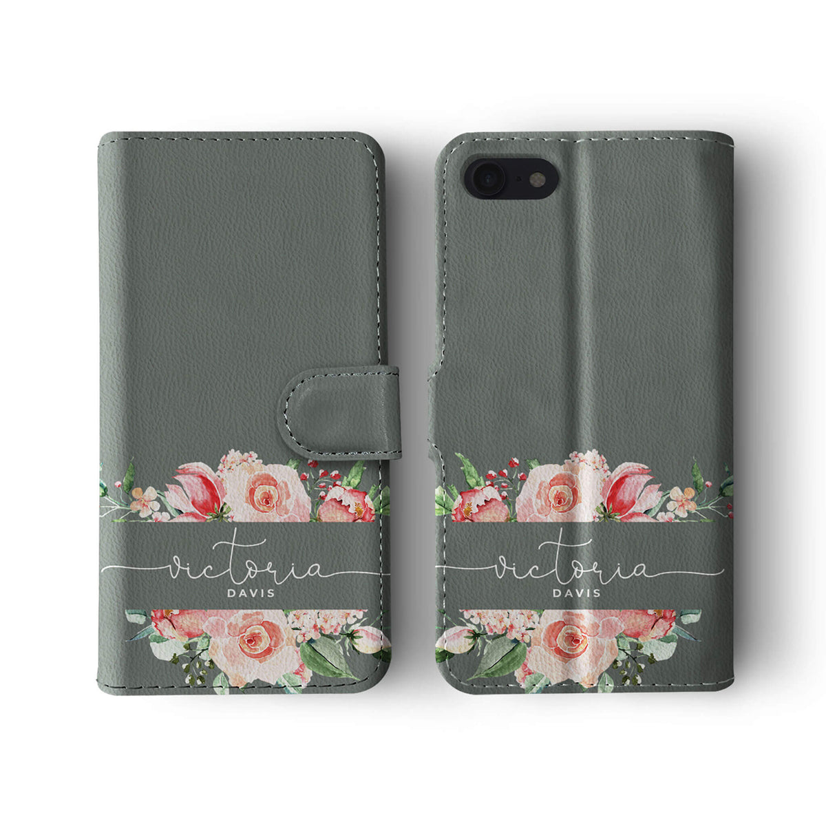 Personalised Wallet Flip Case Grey Floral Rose Bloom