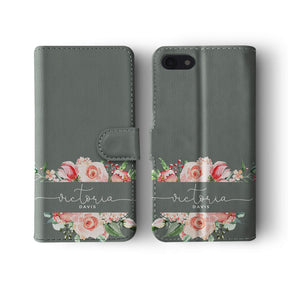 Personalised Wallet Flip Case Light Grey Floral Roses