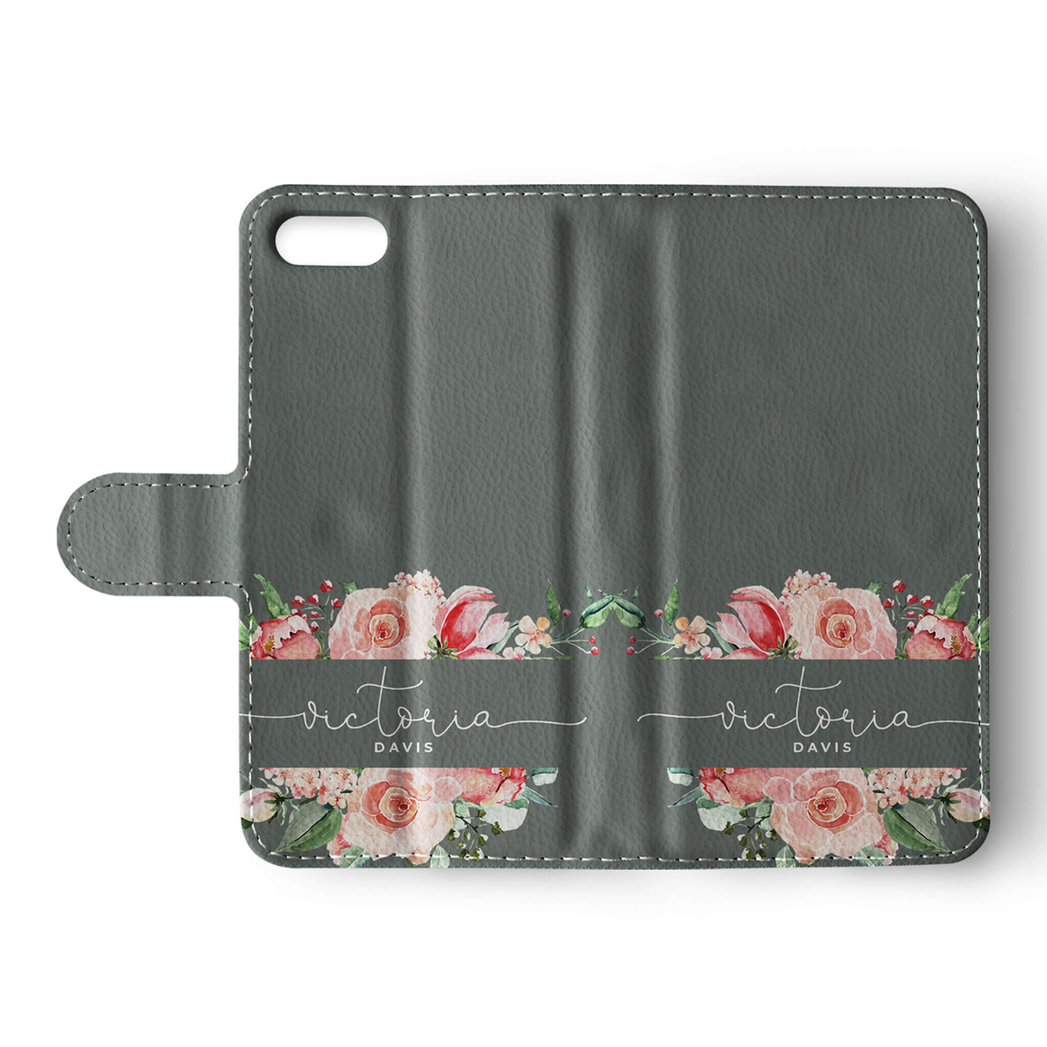 Personalised Wallet Flip Case Grey Floral Rose Bloom